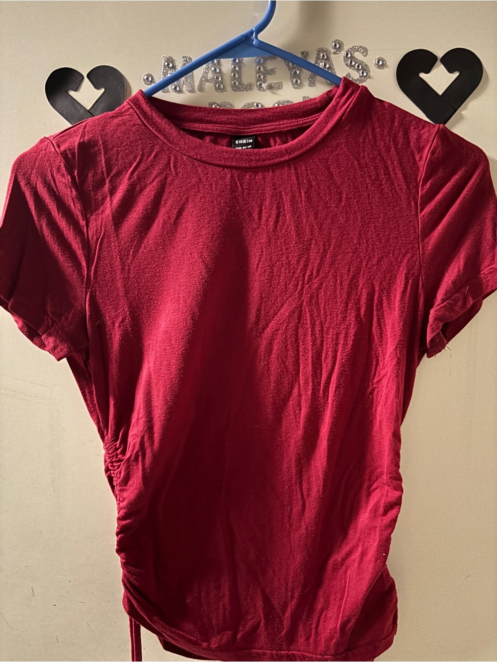 SHEIN Women's Burgundy Short Sleeve Ruched Side Tee